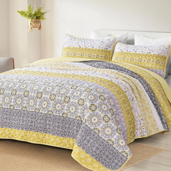 New Yellow Bohemian Floral 3 Piece Polyester Quilt Set • Reversible • KING Size - Picture 1 of 3